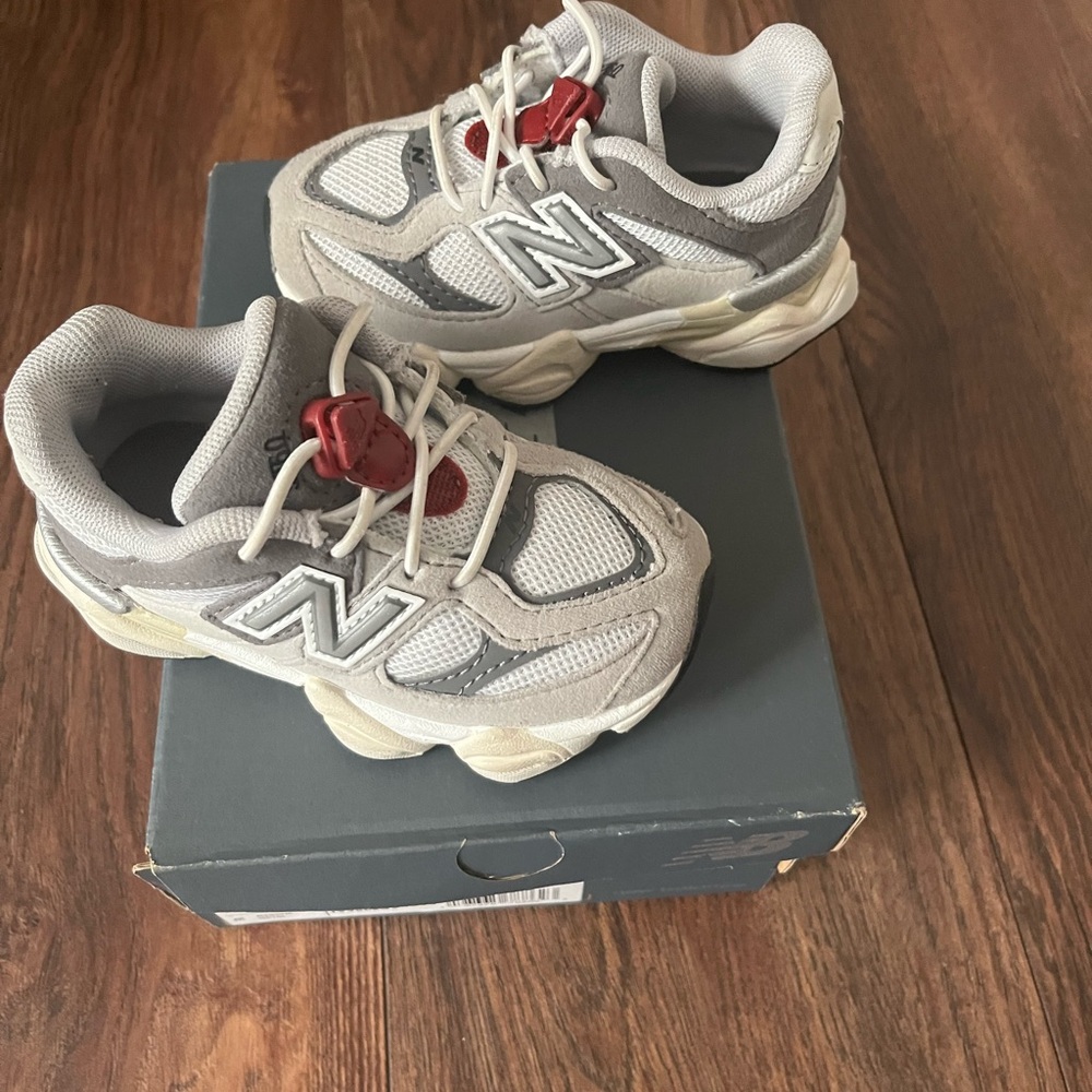 New Balance Kids Gray White Sneakers with Red Toggle